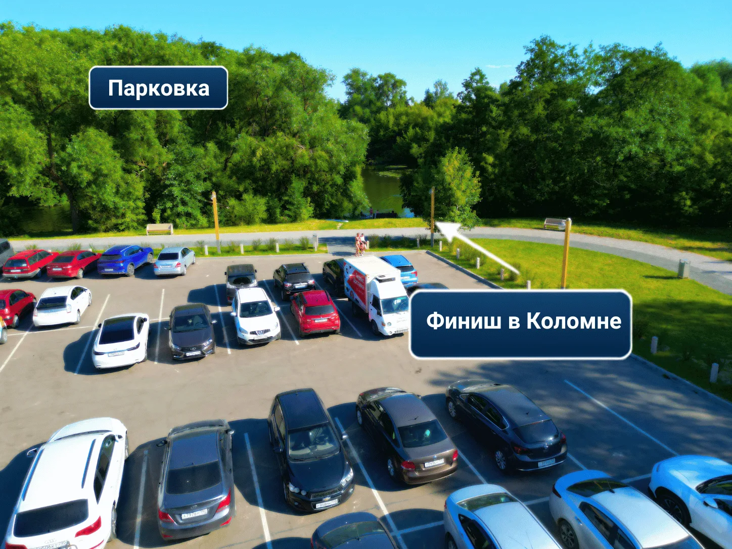 Финиш в Коломне: на фото стрелкой отмечен проход к воде от парковки